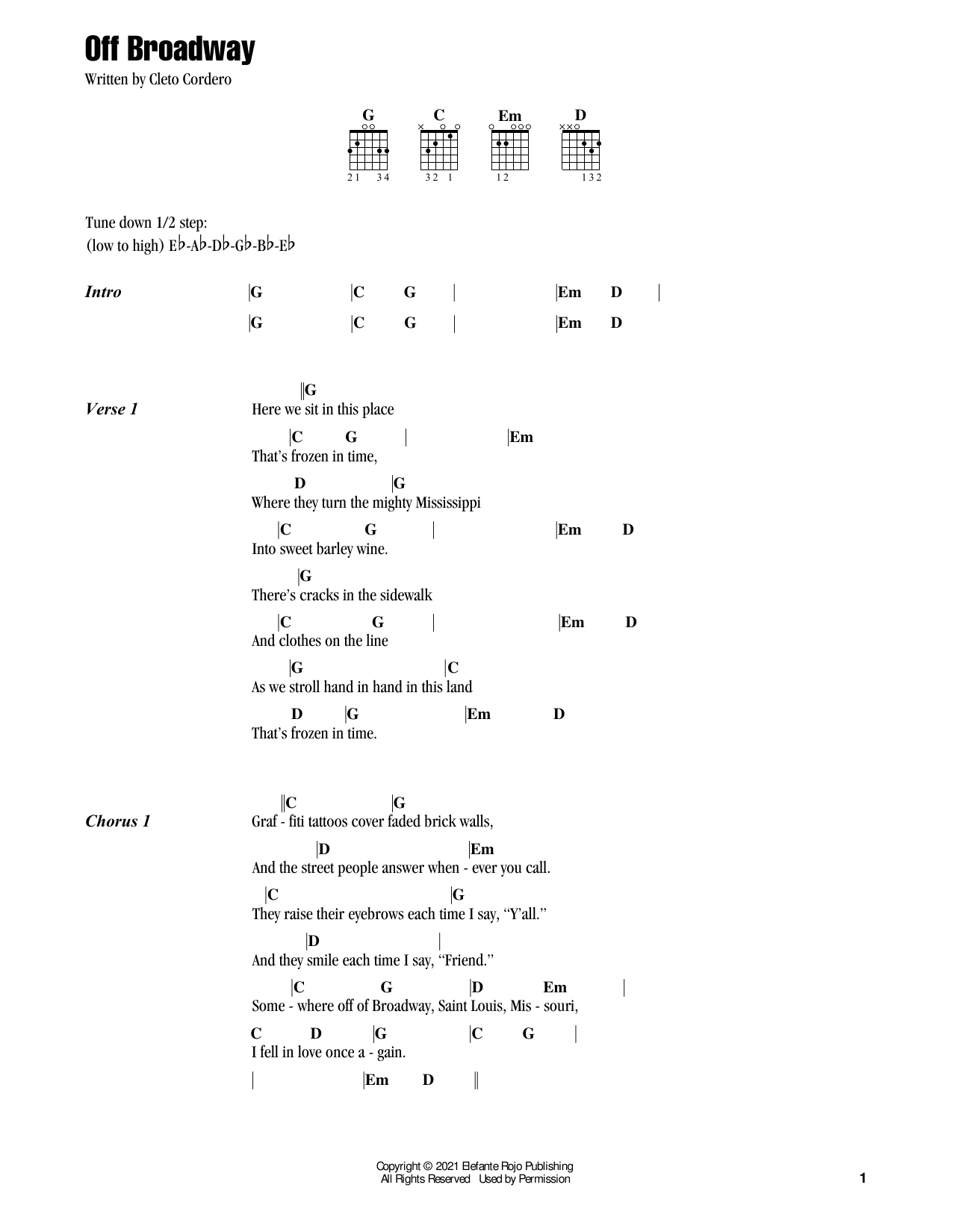 Download Flatland Cavalry Off Broadway Sheet Music and learn how to play Guitar Chords/Lyrics PDF digital score in minutes