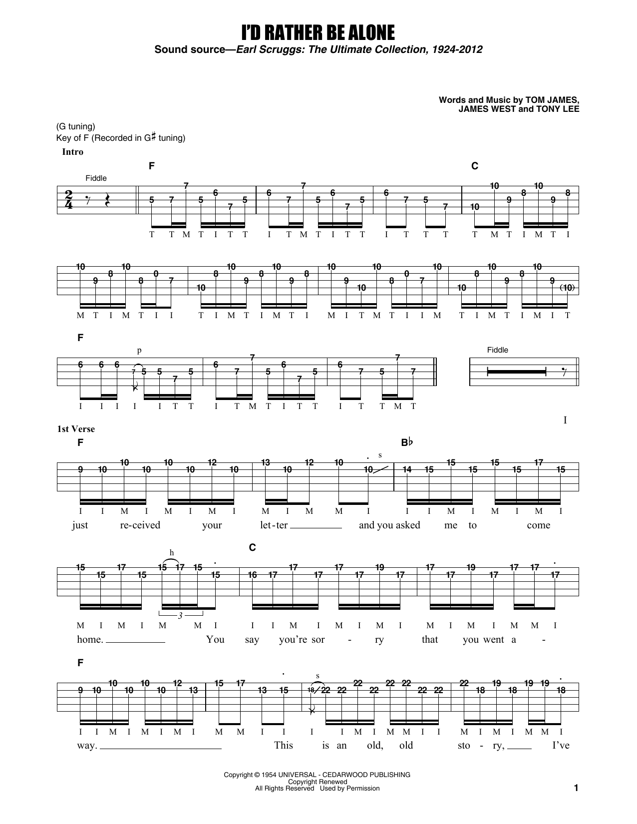 Download Flatt & Scruggs I'd Rather Be Alone Sheet Music and learn how to play Banjo Tab PDF digital score in minutes
