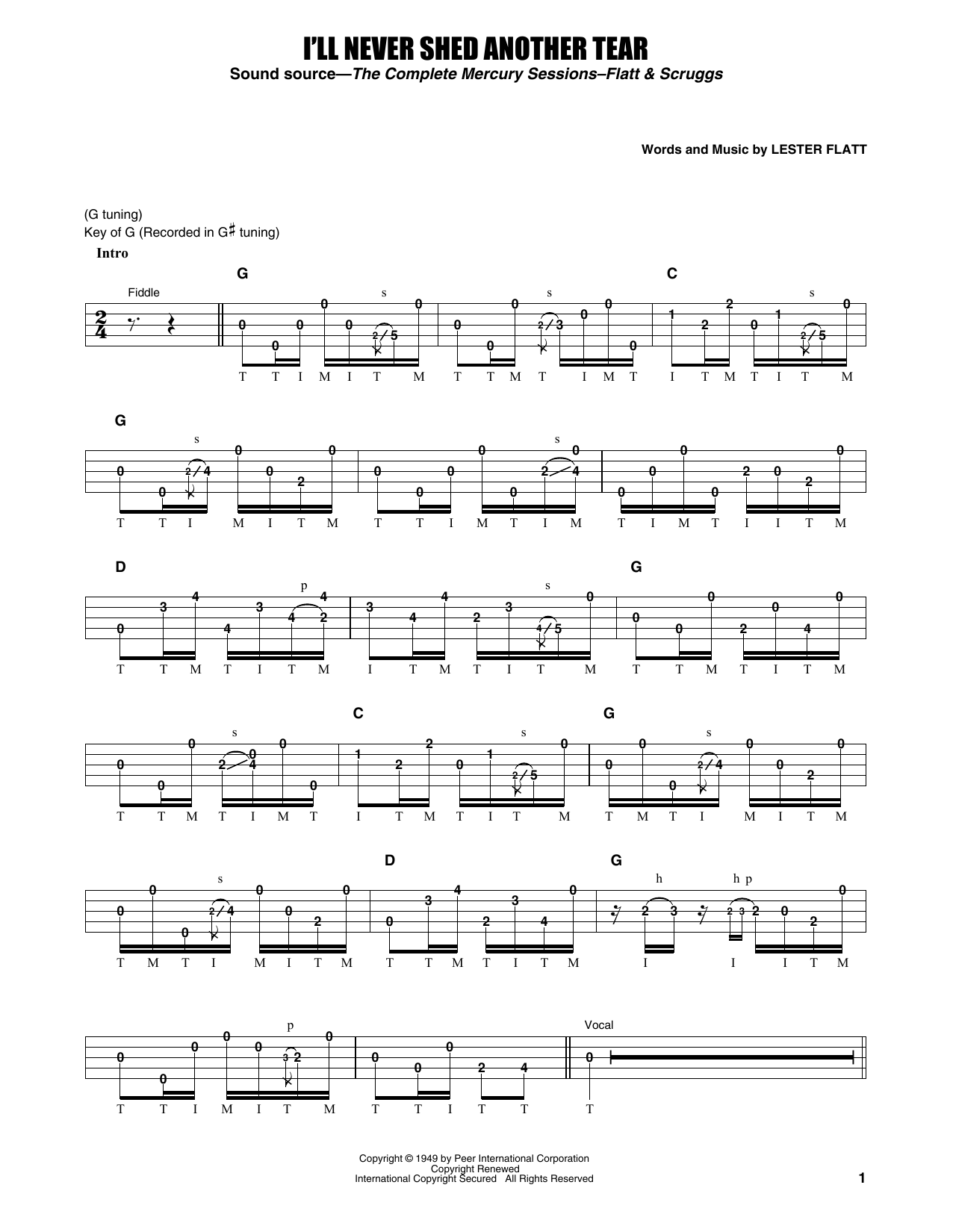 Download Flatt & Scruggs I'll Never Shed Another Tear Sheet Music and learn how to play Banjo Tab PDF digital score in minutes