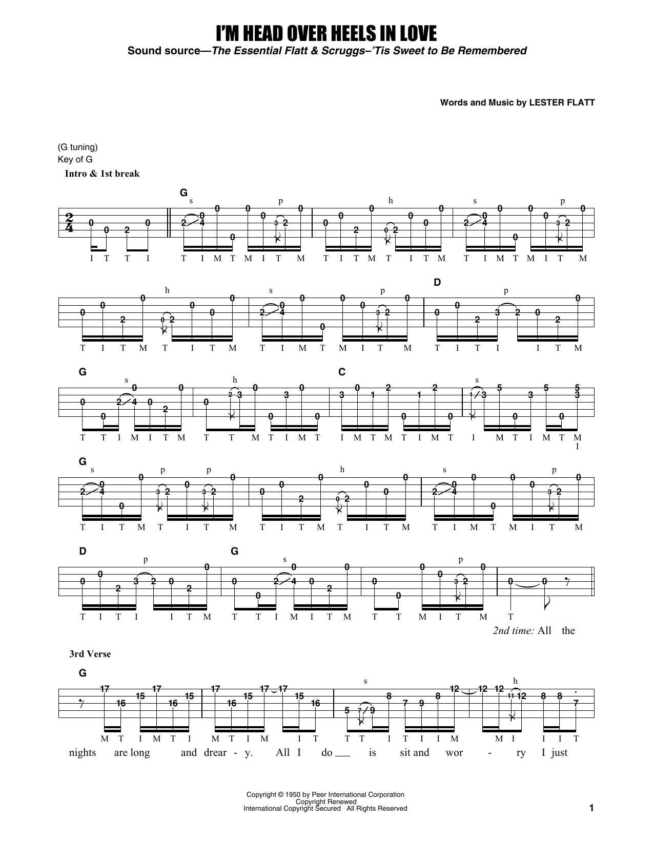 Download Flatt & Scruggs I'm Head Over Heels In Love Sheet Music and learn how to play Banjo Tab PDF digital score in minutes