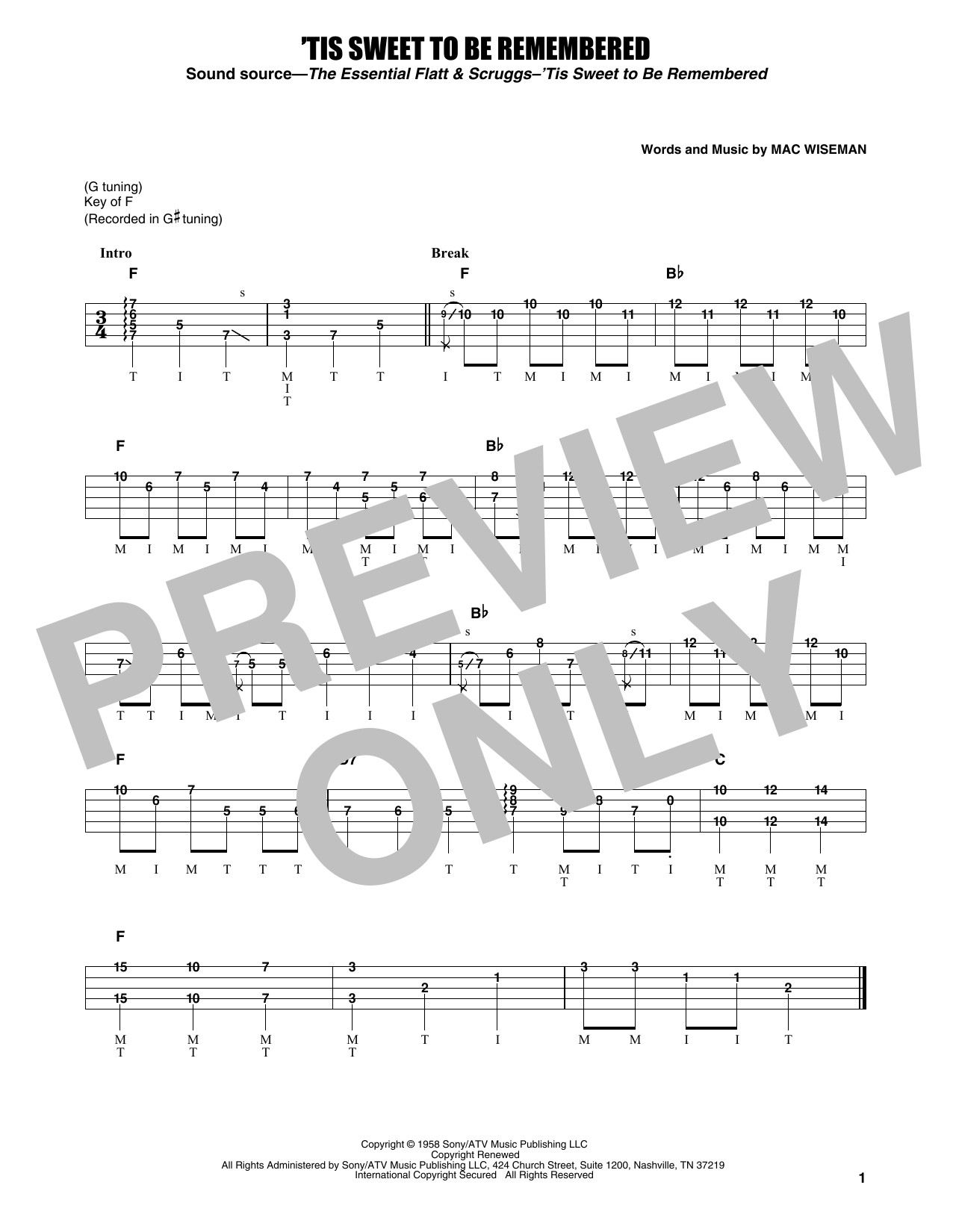 Download Flatt & Scruggs 'Tis Sweet To Be Remembered Sheet Music and learn how to play Banjo Tab PDF digital score in minutes