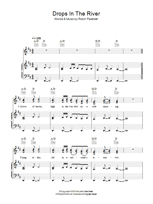 Download Fleet Foxes Drops In The River Sheet Music and learn how to play Piano, Vocal & Guitar PDF digital score in minutes