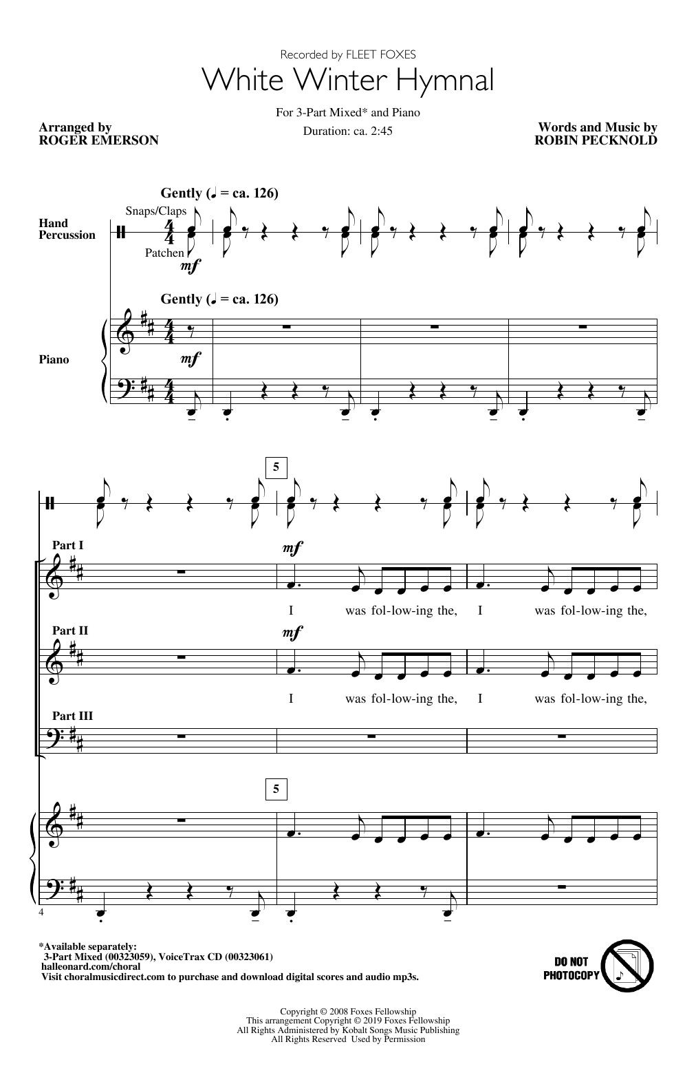 Download Fleet Foxes White Winter Hymnal (arr. Roger Emerson) Sheet Music and learn how to play 3-Part Mixed Choir PDF digital score in minutes