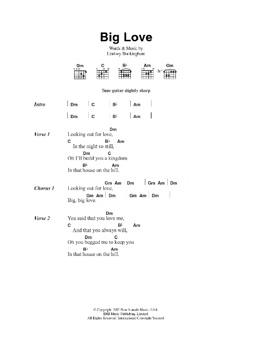 Download Fleetwood Mac Big Love Sheet Music and learn how to play Lyrics & Chords PDF digital score in minutes