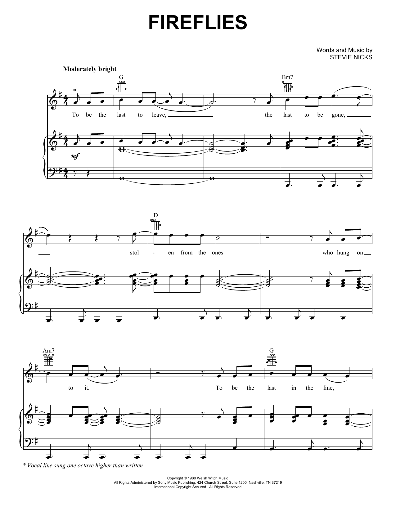 Download Fleetwood Mac Fireflies Sheet Music and learn how to play Piano, Vocal & Guitar Chords (Right-Hand Melody) PDF digital score in minutes