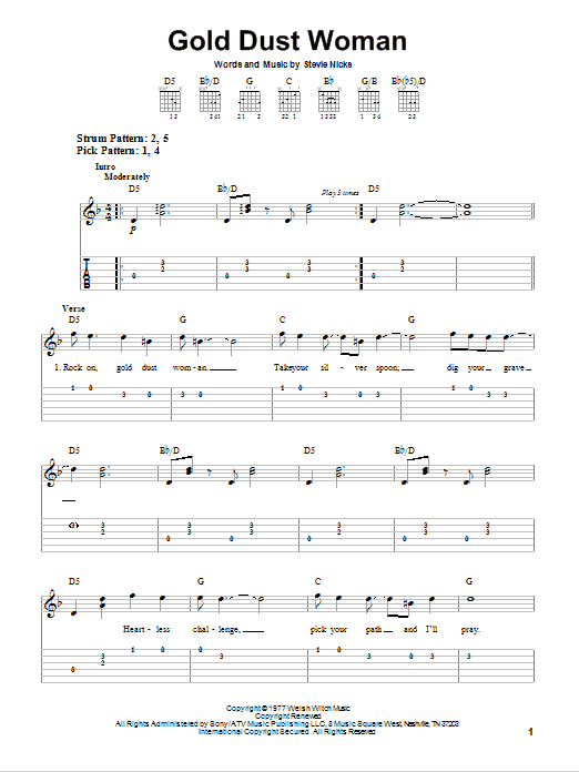 Download Fleetwood Mac Gold Dust Woman Sheet Music and learn how to play Lyrics & Chords PDF digital score in minutes