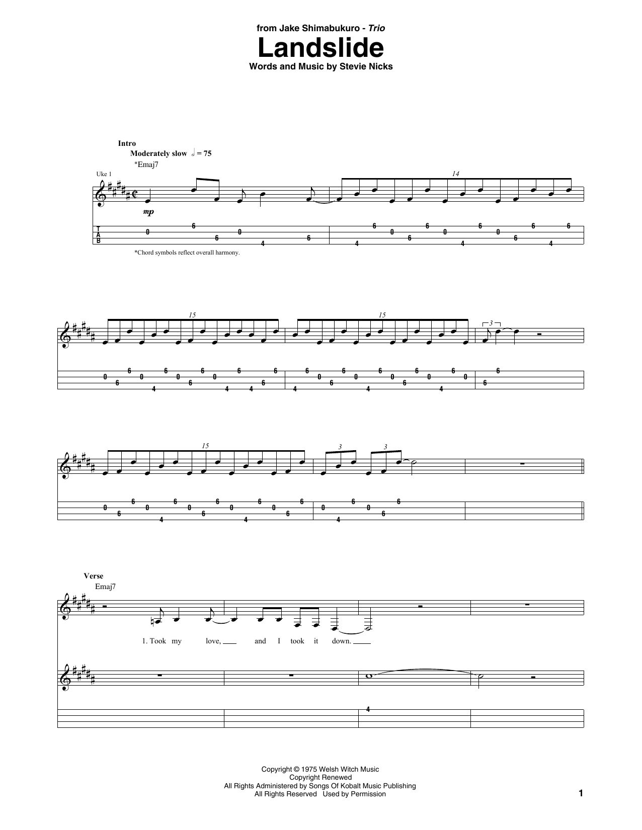 Download Fleetwood Mac Landslide (arr. Jake Shimabukuro Trio) Sheet Music and learn how to play Ukulele Tab PDF digital score in minutes