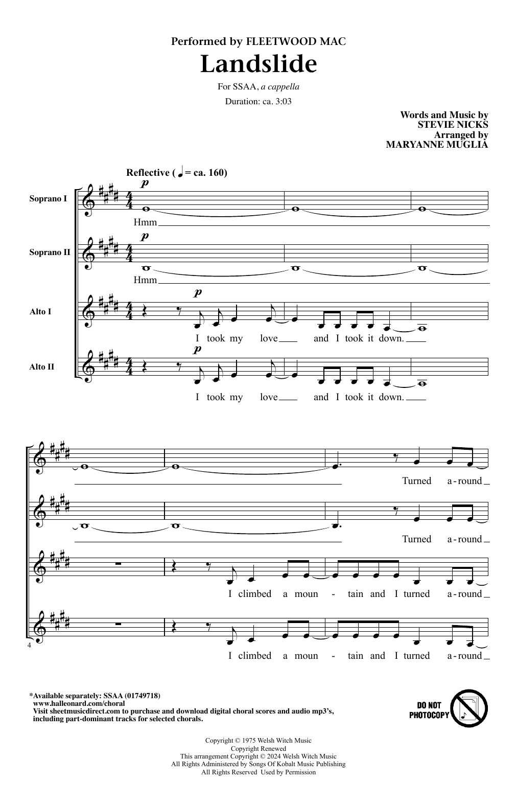 Download Fleetwood Mac Landslide (arr. MaryAnne Muglia) Sheet Music and learn how to play SSAA Choir PDF digital score in minutes