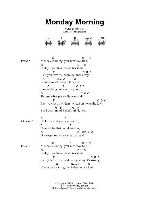 Download Fleetwood Mac Monday Morning Sheet Music and learn how to play Lyrics & Chords PDF digital score in minutes