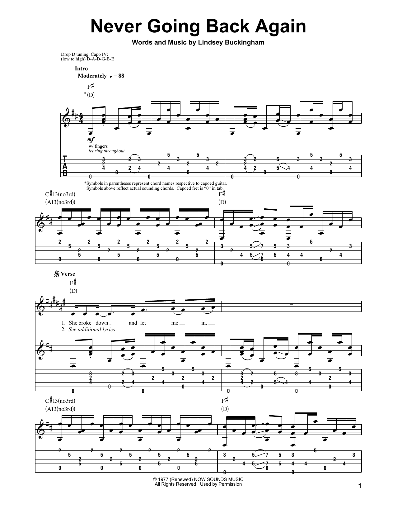 Download Fleetwood Mac Never Going Back Again Sheet Music and learn how to play Guitar Tab PDF digital score in minutes