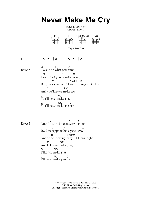 Download Fleetwood Mac Never Make Me Cry Sheet Music and learn how to play Lyrics & Chords PDF digital score in minutes