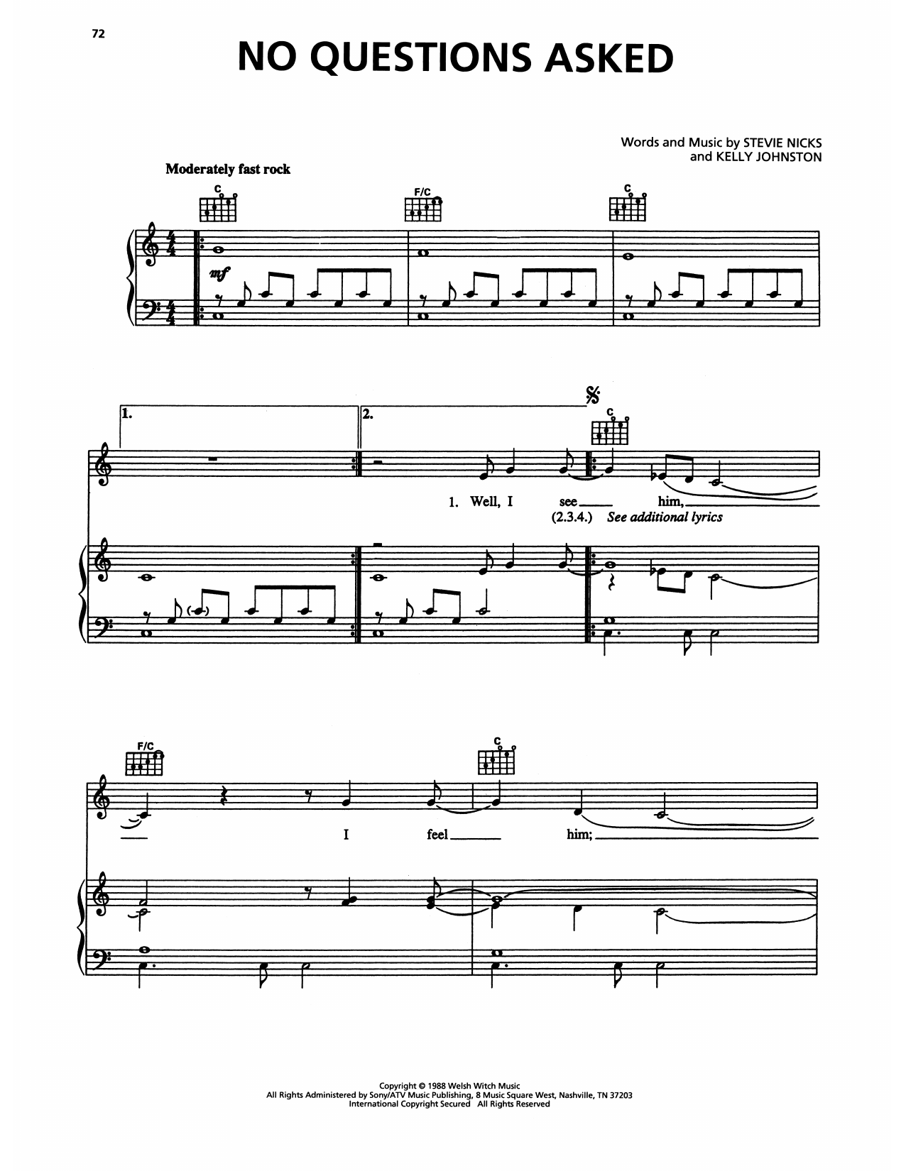 Download Fleetwood Mac No Questions Asked Sheet Music and learn how to play Piano, Vocal & Guitar Chords (Right-Hand Melody) PDF digital score in minutes