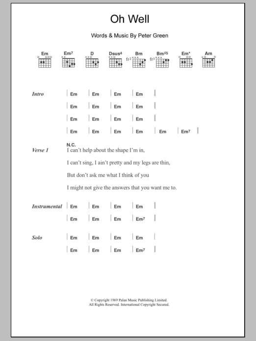 Download Fleetwood Mac Oh Well Sheet Music and learn how to play Lyrics & Chords PDF digital score in minutes