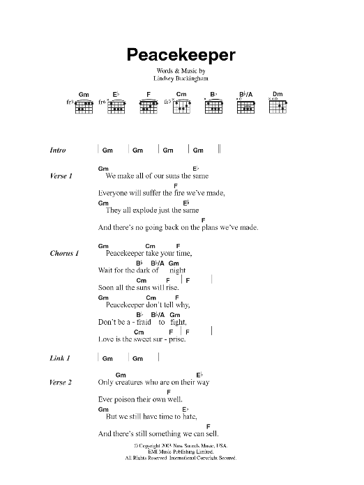 Download Fleetwood Mac Peacekeeper Sheet Music and learn how to play Lyrics & Chords PDF digital score in minutes