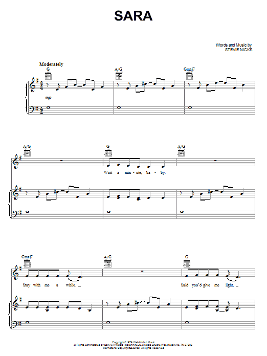 Download Fleetwood Mac Sara Sheet Music and learn how to play Piano, Vocal & Guitar (Right-Hand Melody) PDF digital score in minutes