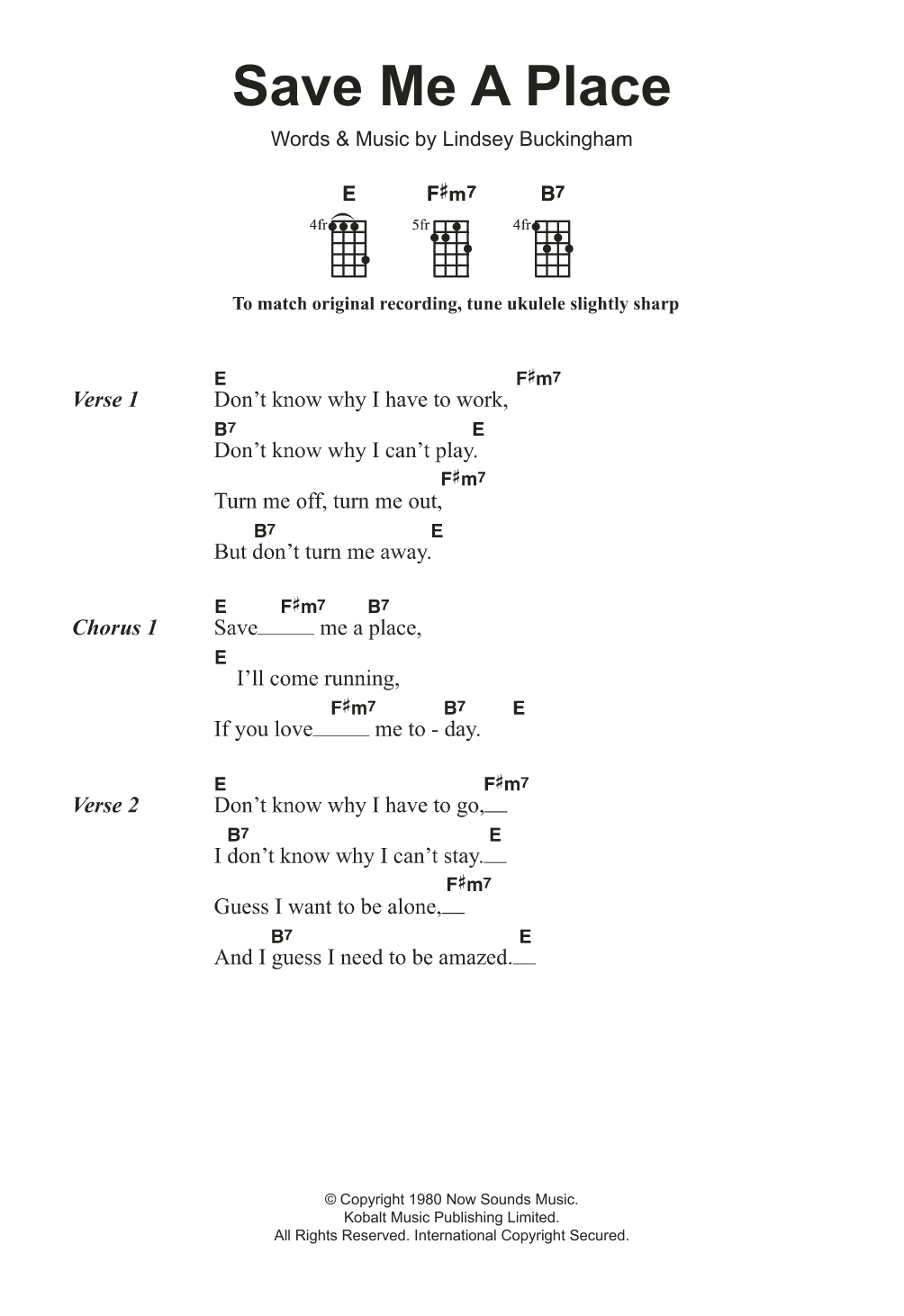 Download Fleetwood Mac Save Me A Place Sheet Music and learn how to play Ukulele PDF digital score in minutes