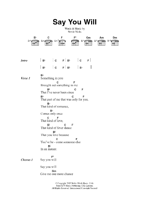 Download Fleetwood Mac Say You Will Sheet Music and learn how to play Lyrics & Chords PDF digital score in minutes