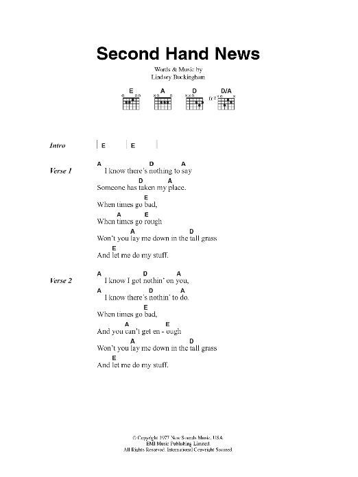 Download Fleetwood Mac Second Hand News Sheet Music and learn how to play Lyrics & Chords PDF digital score in minutes