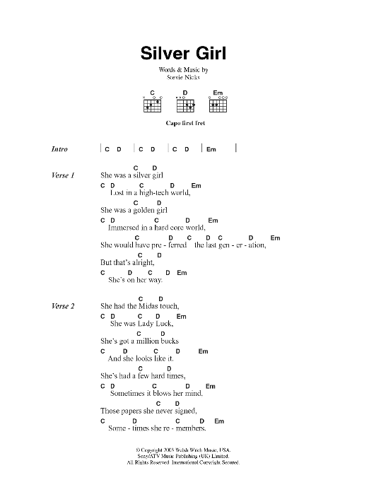 Download Fleetwood Mac Silver Girl Sheet Music and learn how to play Lyrics & Chords PDF digital score in minutes