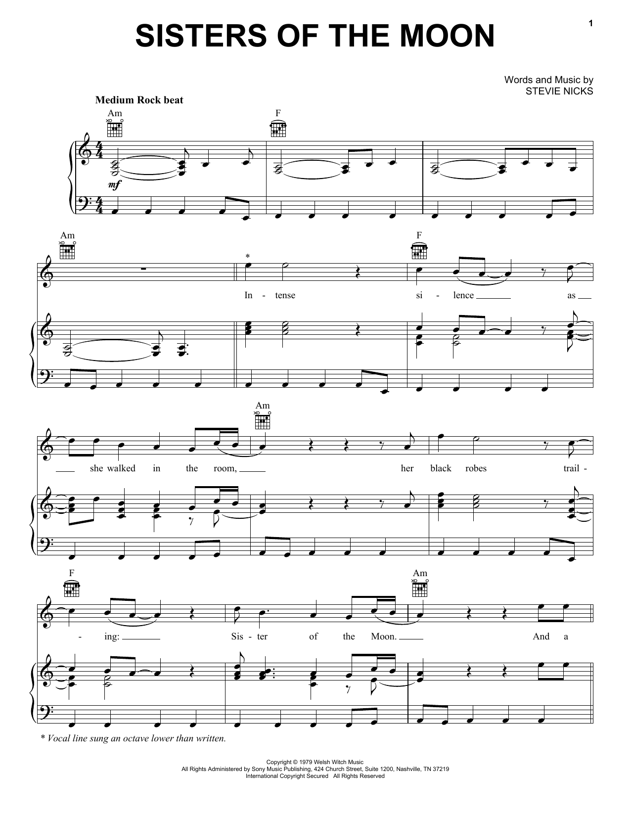 Download Fleetwood Mac Sisters Of The Moon Sheet Music and learn how to play Piano, Vocal & Guitar Chords (Right-Hand Melody) PDF digital score in minutes