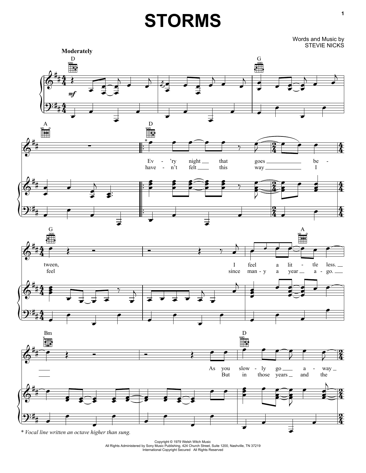 Download Fleetwood Mac Storms Sheet Music and learn how to play Piano, Vocal & Guitar Chords (Right-Hand Melody) PDF digital score in minutes