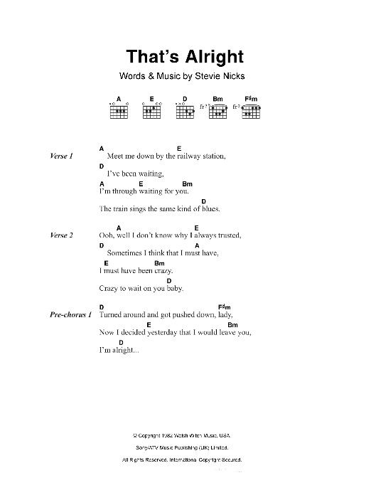 Download Fleetwood Mac That's Alright Sheet Music and learn how to play Lyrics & Chords PDF digital score in minutes