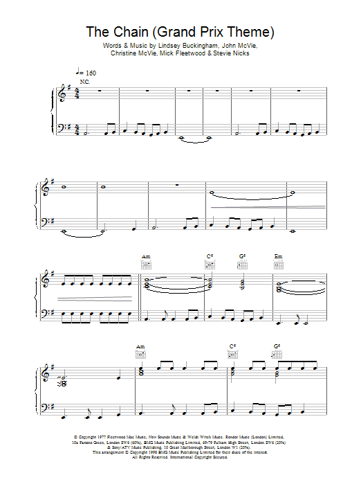 Download Fleetwood Mac The Chain (extract) - Grand Prix Theme Sheet Music and learn how to play Piano, Vocal & Guitar (Right-Hand Melody) PDF digital score in minutes