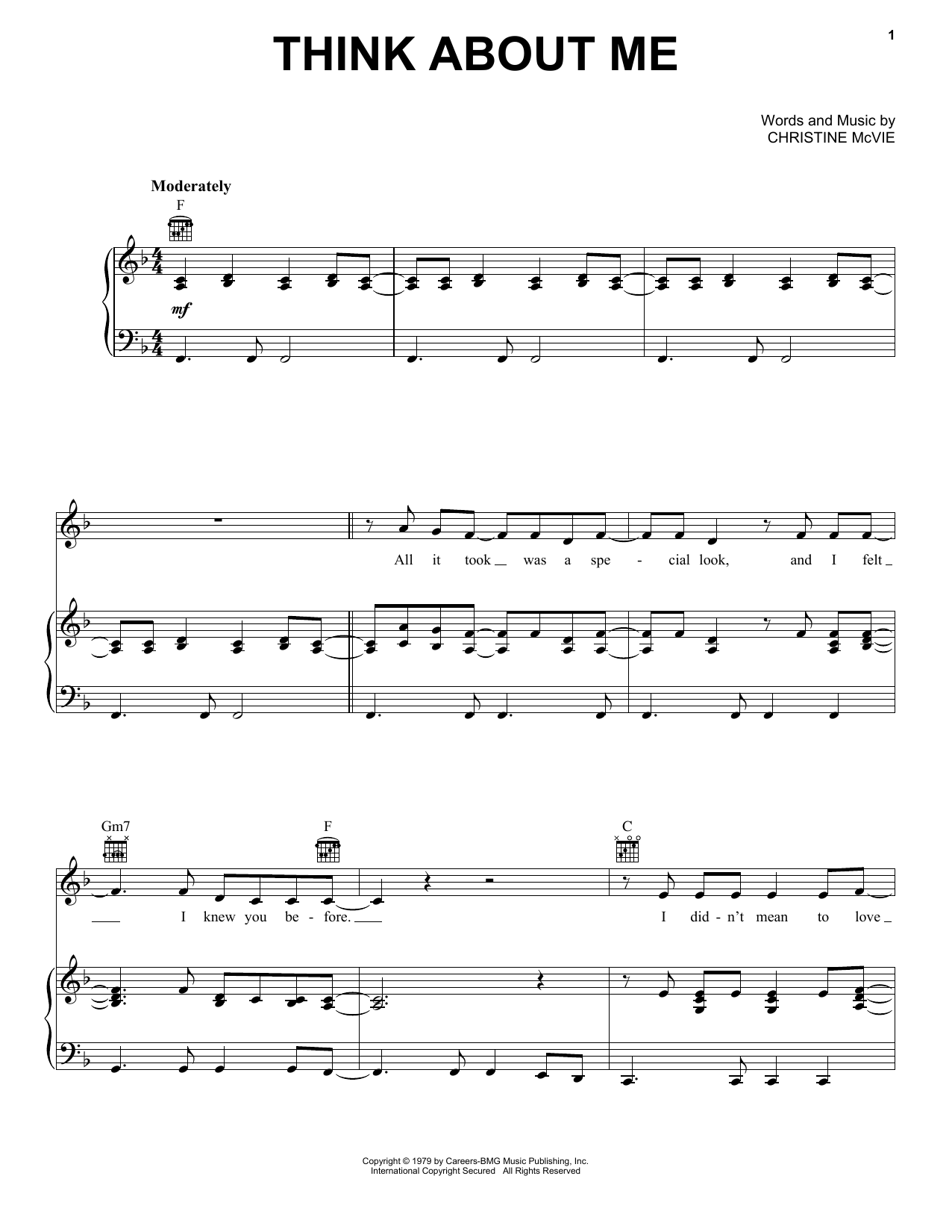 Download Fleetwood Mac Think About Me Sheet Music and learn how to play Piano, Vocal & Guitar Chords (Right-Hand Melody) PDF digital score in minutes