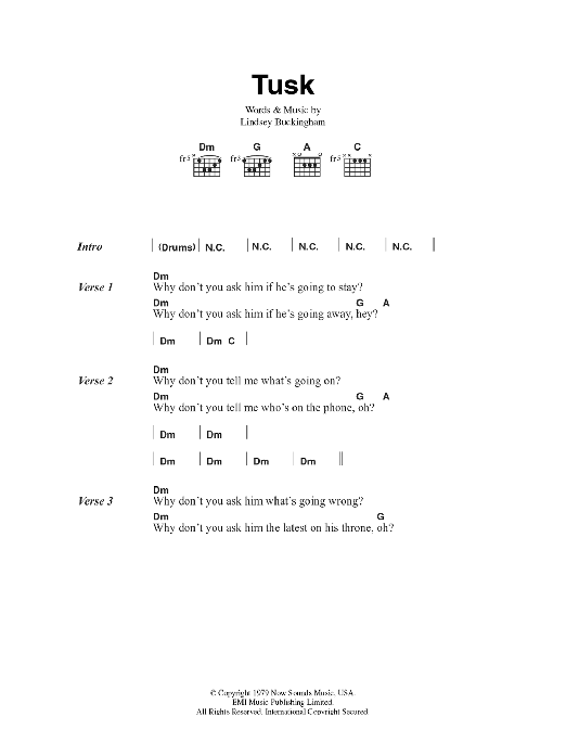 Download Fleetwood Mac Tusk Sheet Music and learn how to play Lyrics & Chords PDF digital score in minutes