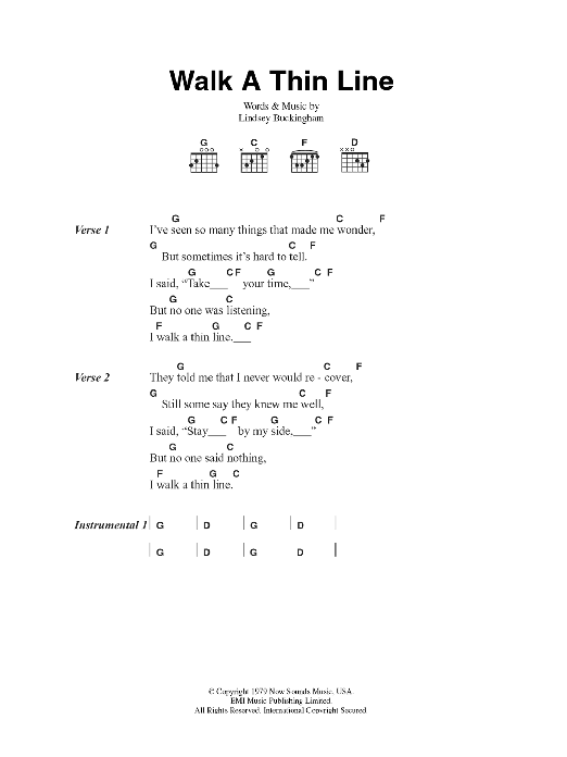 Download Fleetwood Mac Walk A Thin Line Sheet Music and learn how to play Lyrics & Chords PDF digital score in minutes