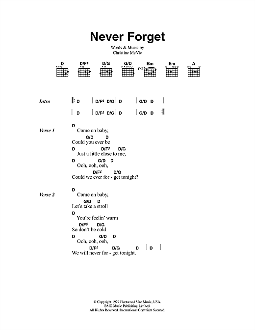Download Fleetwood Mac Never Forget Sheet Music and learn how to play Lyrics & Chords PDF digital score in minutes