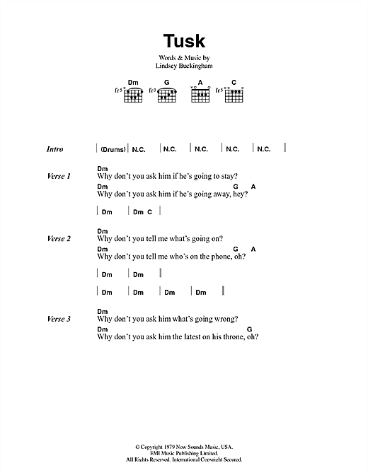 Download Fleetwood Mac Tusk Sheet Music and learn how to play Lyrics & Chords PDF digital score in minutes