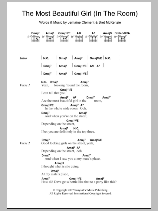 Download Flight Of The Conchords The Most Beautiful Girl (In The Room) Sheet Music and learn how to play Lyrics & Chords PDF digital score in minutes