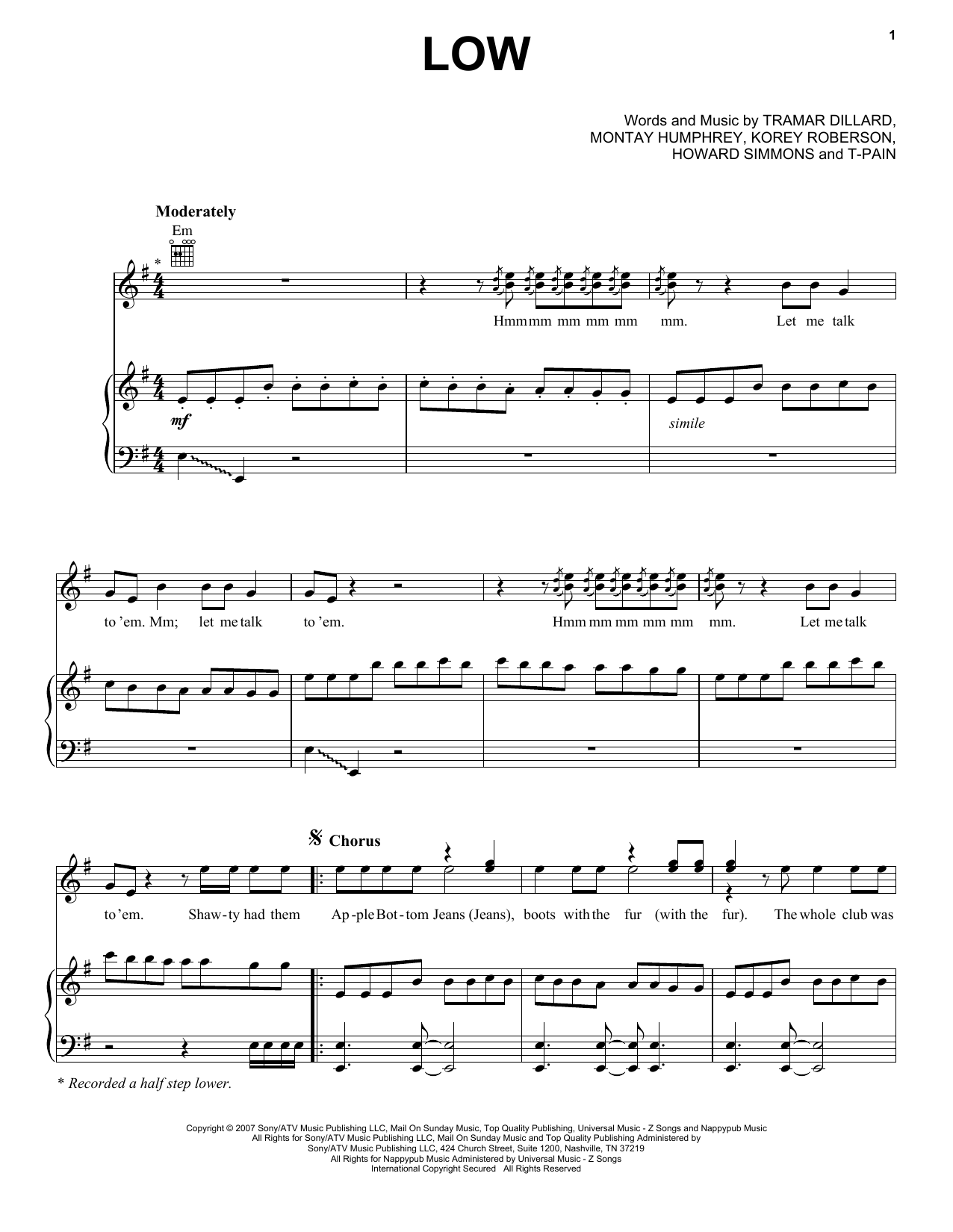 Download Flo Rida Low (arr. feat. T-Pain) Sheet Music and learn how to play Piano, Vocal & Guitar (Right-Hand Melody) PDF digital score in minutes