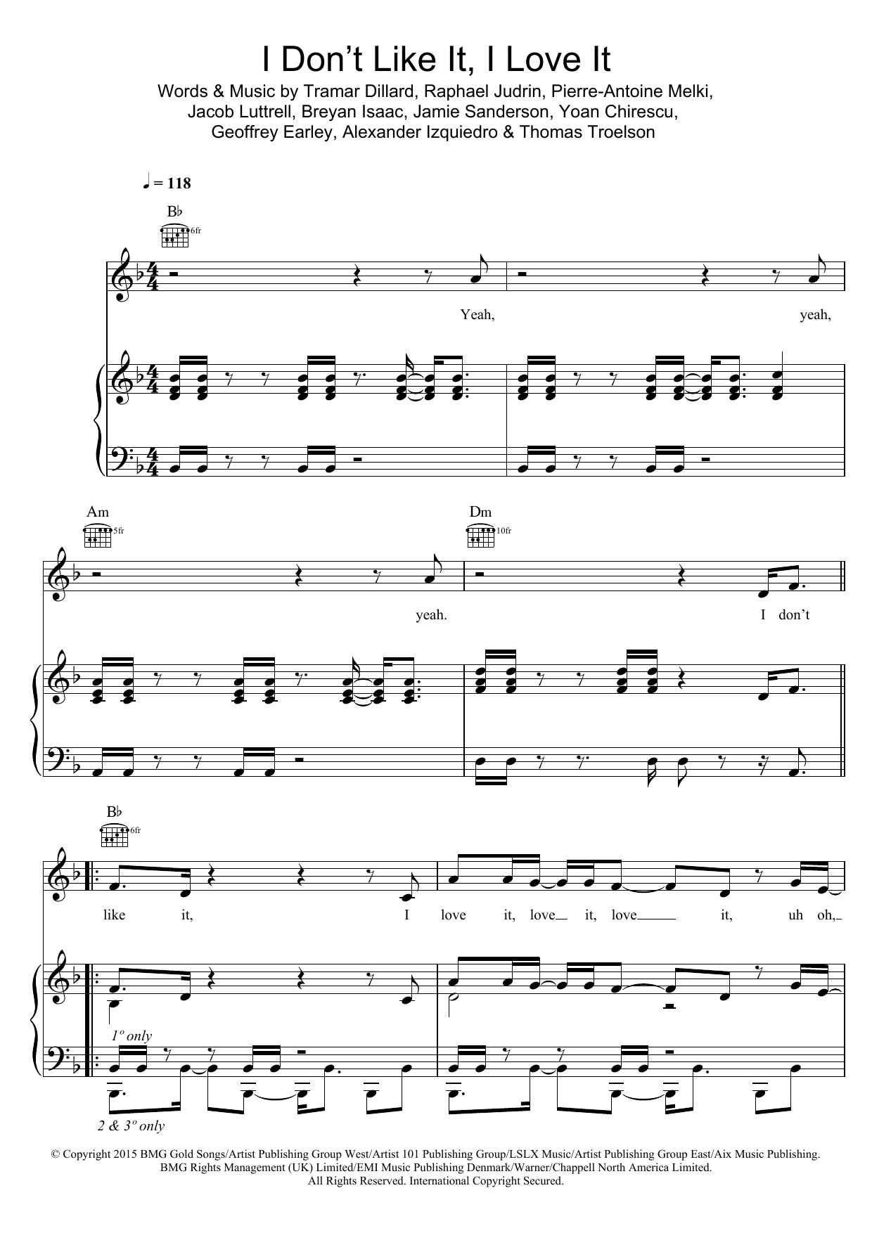 Download Flo Rida I Don't Like It, I Love It Sheet Music and learn how to play Piano, Vocal & Guitar (Right-Hand Melody) PDF digital score in minutes