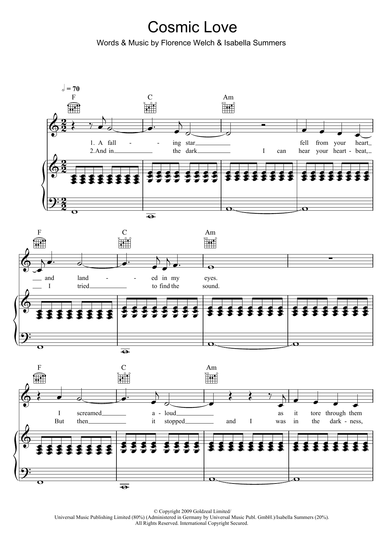 Download Florence And The Machine Cosmic Love Sheet Music and learn how to play Piano, Vocal & Guitar PDF digital score in minutes