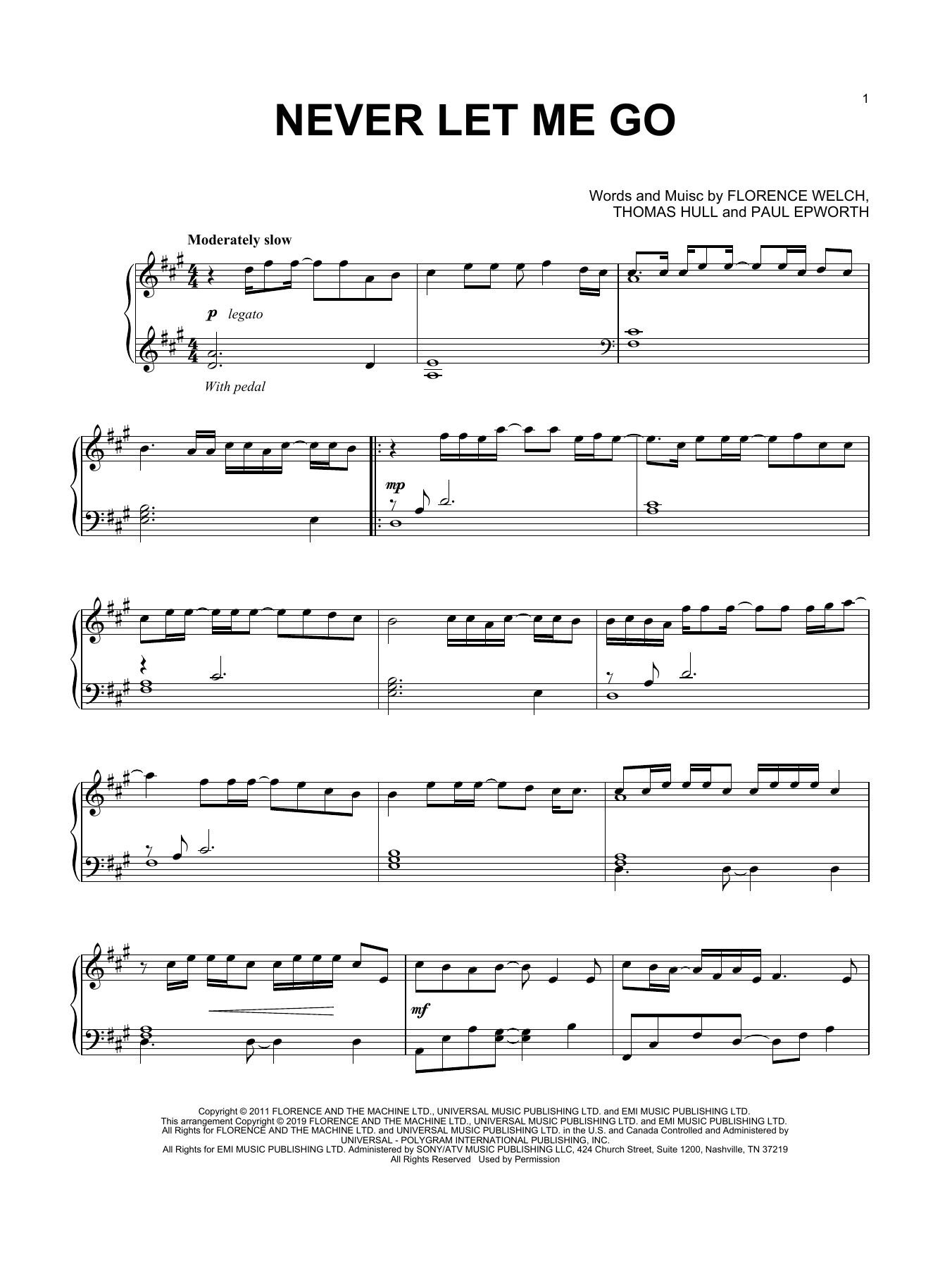 Download Florence And The Machine Never Let Me Go Sheet Music and learn how to play Piano, Vocal & Guitar (Right-Hand Melody) PDF digital score in minutes