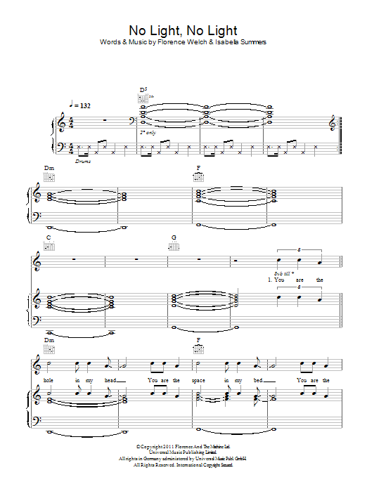 Download Florence And The Machine No Light, No Light Sheet Music and learn how to play Piano, Vocal & Guitar (Right-Hand Melody) PDF digital score in minutes