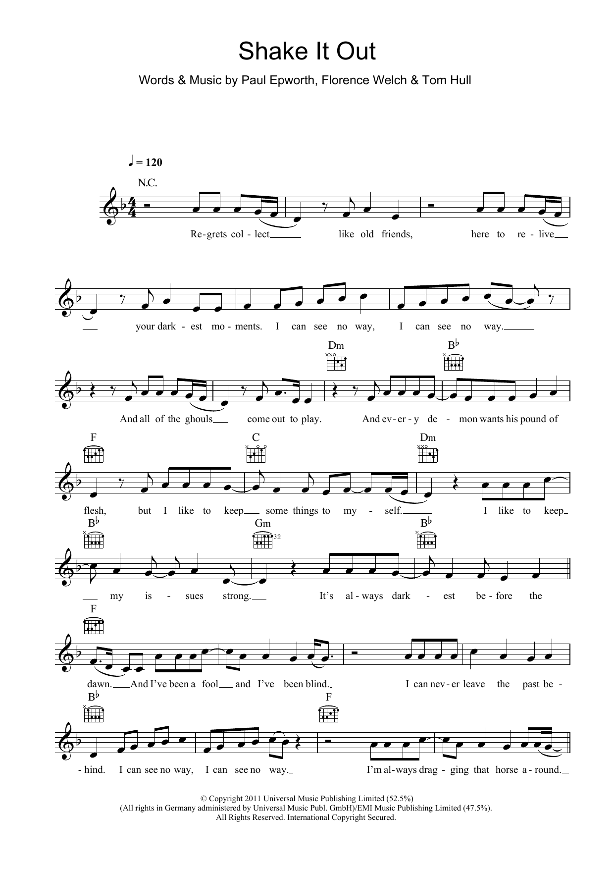 Download Florence And The Machine Shake It Out Sheet Music and learn how to play Piano, Vocal & Guitar (Right-Hand Melody) PDF digital score in minutes