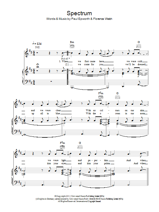 Download Florence And The Machine Spectrum Sheet Music and learn how to play Piano, Vocal & Guitar (Right-Hand Melody) PDF digital score in minutes