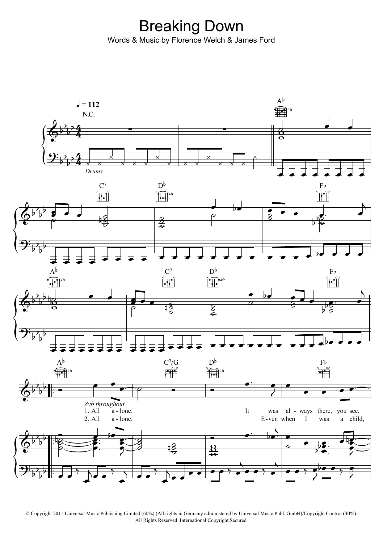 Download Florence And The Machine Breaking Down Sheet Music and learn how to play Piano, Vocal & Guitar (Right-Hand Melody) PDF digital score in minutes