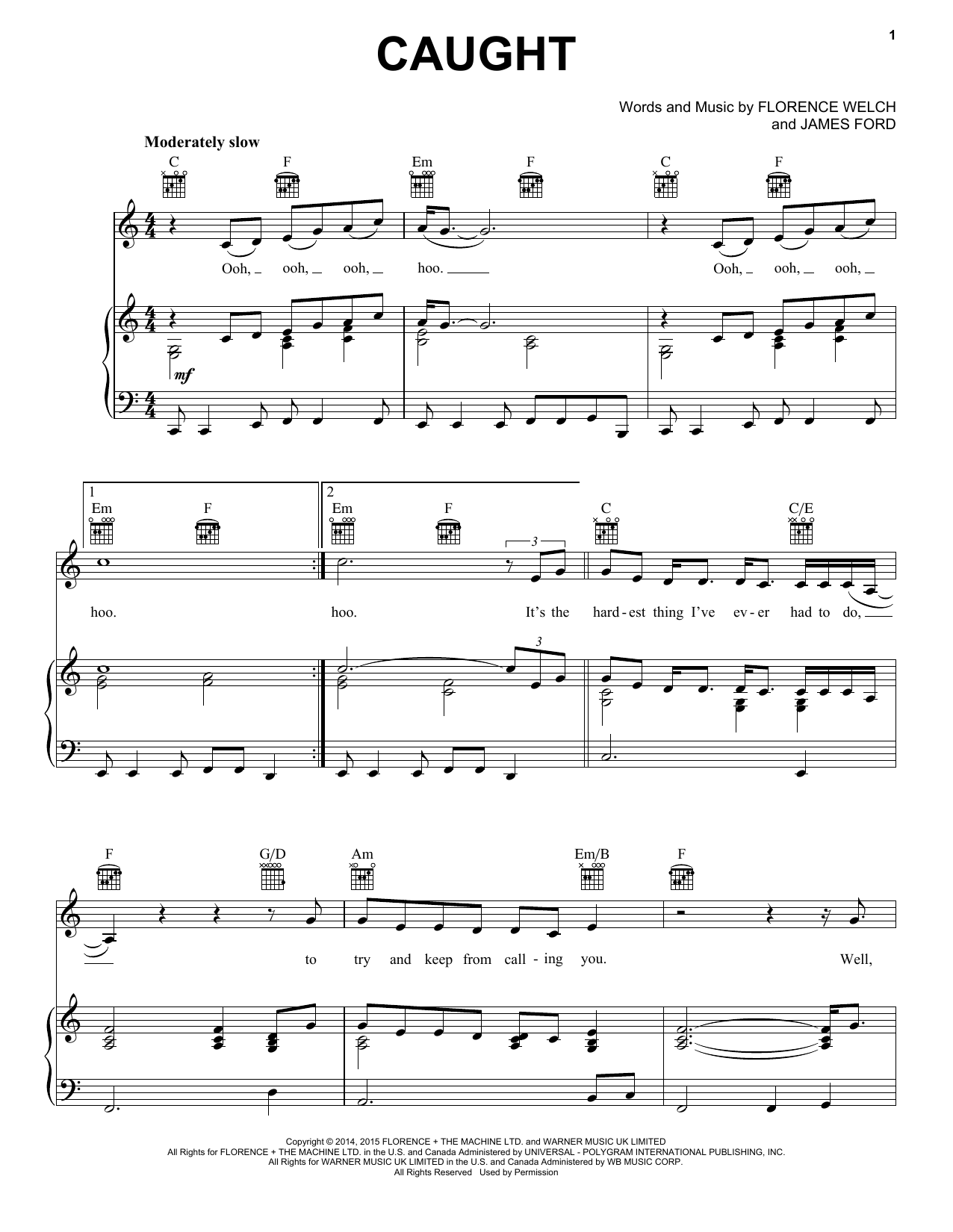 Download Florence And The Machine Caught Sheet Music and learn how to play Piano, Vocal & Guitar (Right-Hand Melody) PDF digital score in minutes