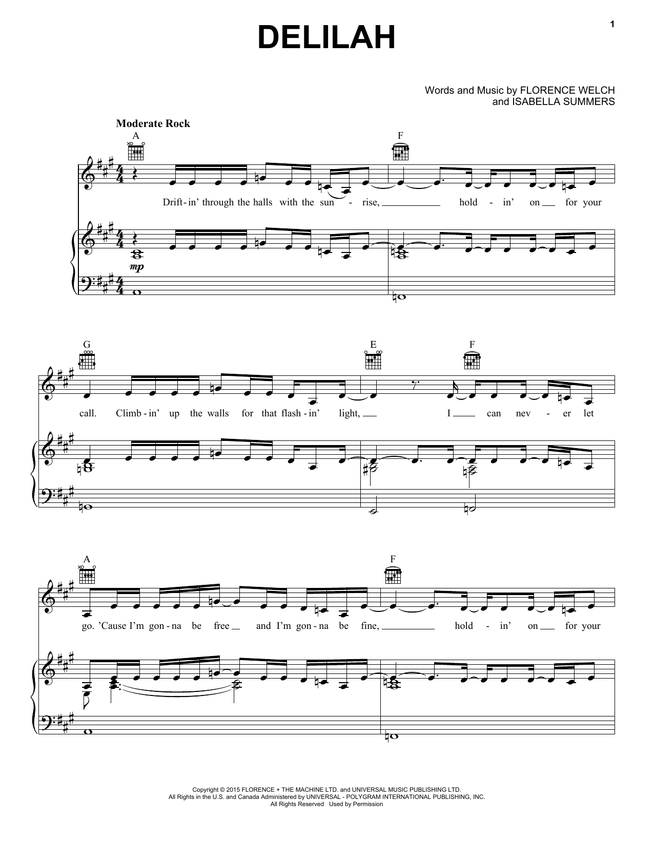 Download Florence And The Machine Delilah Sheet Music and learn how to play Piano, Vocal & Guitar (Right-Hand Melody) PDF digital score in minutes