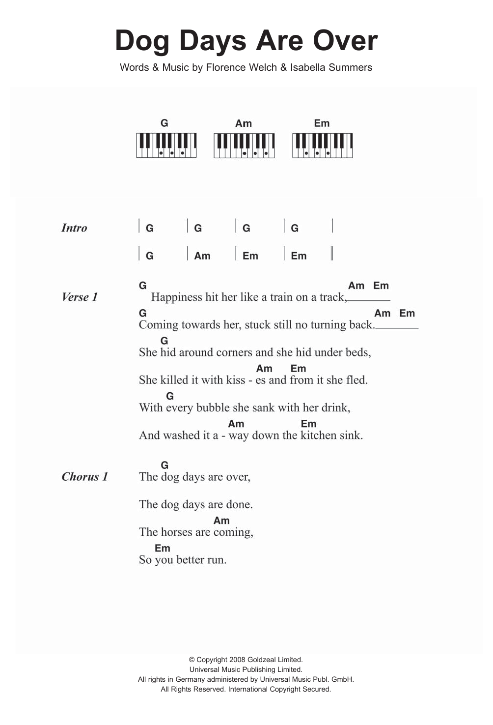 Download Florence And The Machine Dog Days Are Over Sheet Music and learn how to play Piano Chords/Lyrics PDF digital score in minutes