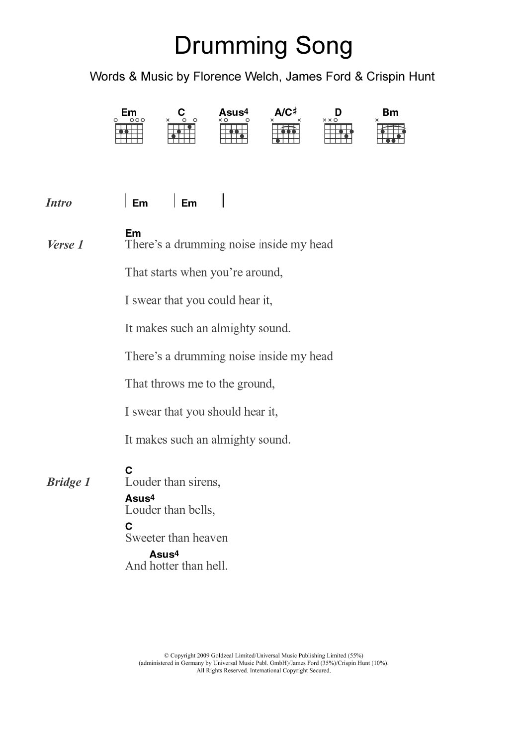 Download Florence And The Machine Drumming Song Sheet Music and learn how to play Lyrics & Chords PDF digital score in minutes