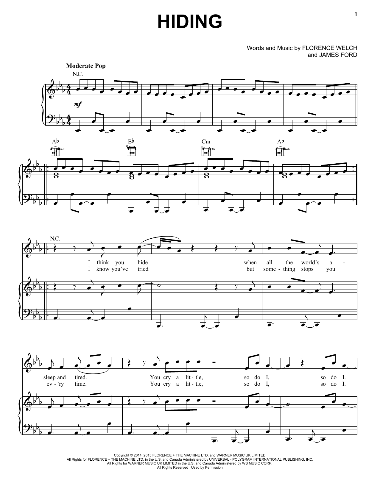 Download Florence And The Machine Hiding Sheet Music and learn how to play Piano, Vocal & Guitar (Right-Hand Melody) PDF digital score in minutes