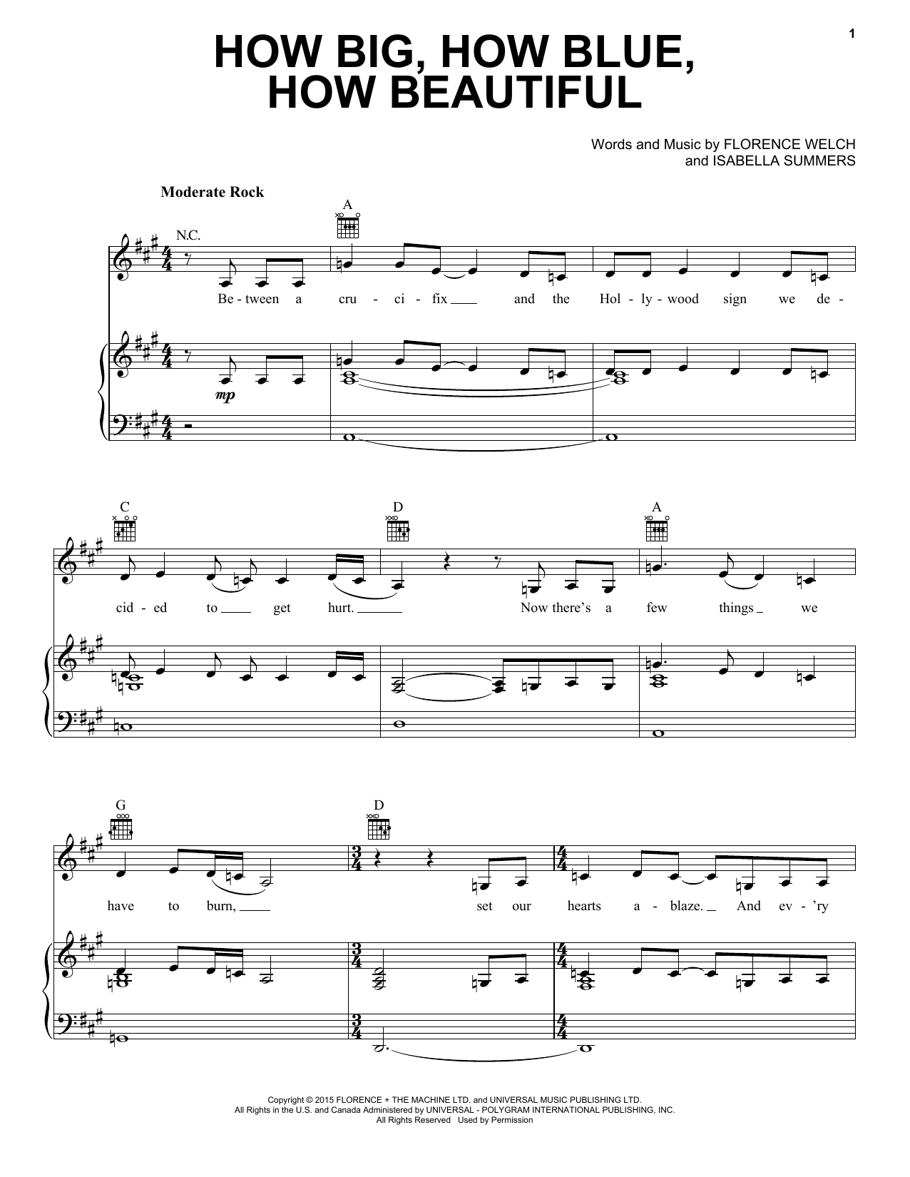 Download Florence And The Machine How Big, How Blue, How Beautiful Sheet Music and learn how to play Piano, Vocal & Guitar (Right-Hand Melody) PDF digital score in minutes