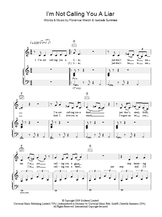 Download Florence And The Machine I'm Not Calling You A Liar Sheet Music and learn how to play Piano, Vocal & Guitar PDF digital score in minutes