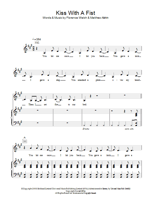 Download Florence And The Machine Kiss With A Fist Sheet Music and learn how to play Piano, Vocal & Guitar PDF digital score in minutes