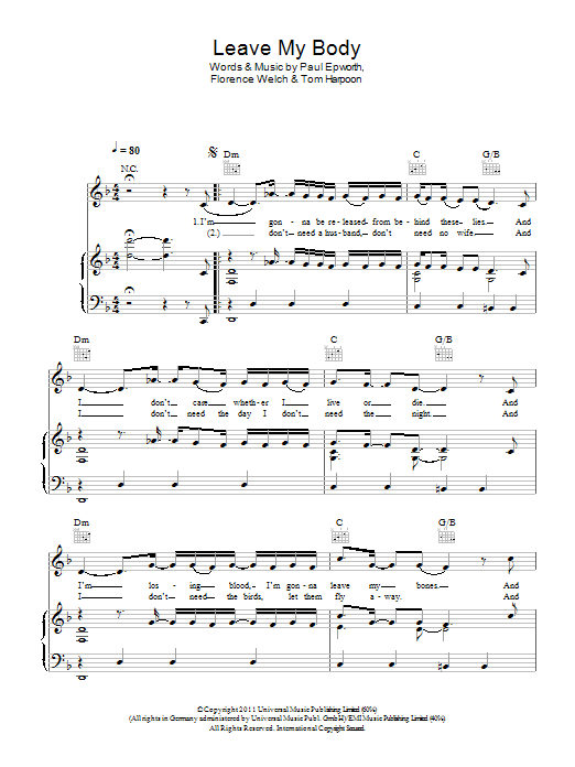 Download Florence And The Machine Leave My Body Sheet Music and learn how to play Piano, Vocal & Guitar (Right-Hand Melody) PDF digital score in minutes